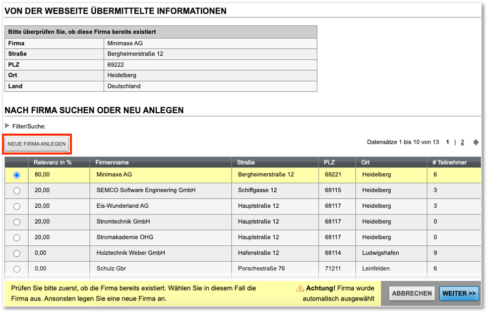 Online-Firmenbuchung über Besteller - Firma im System finden