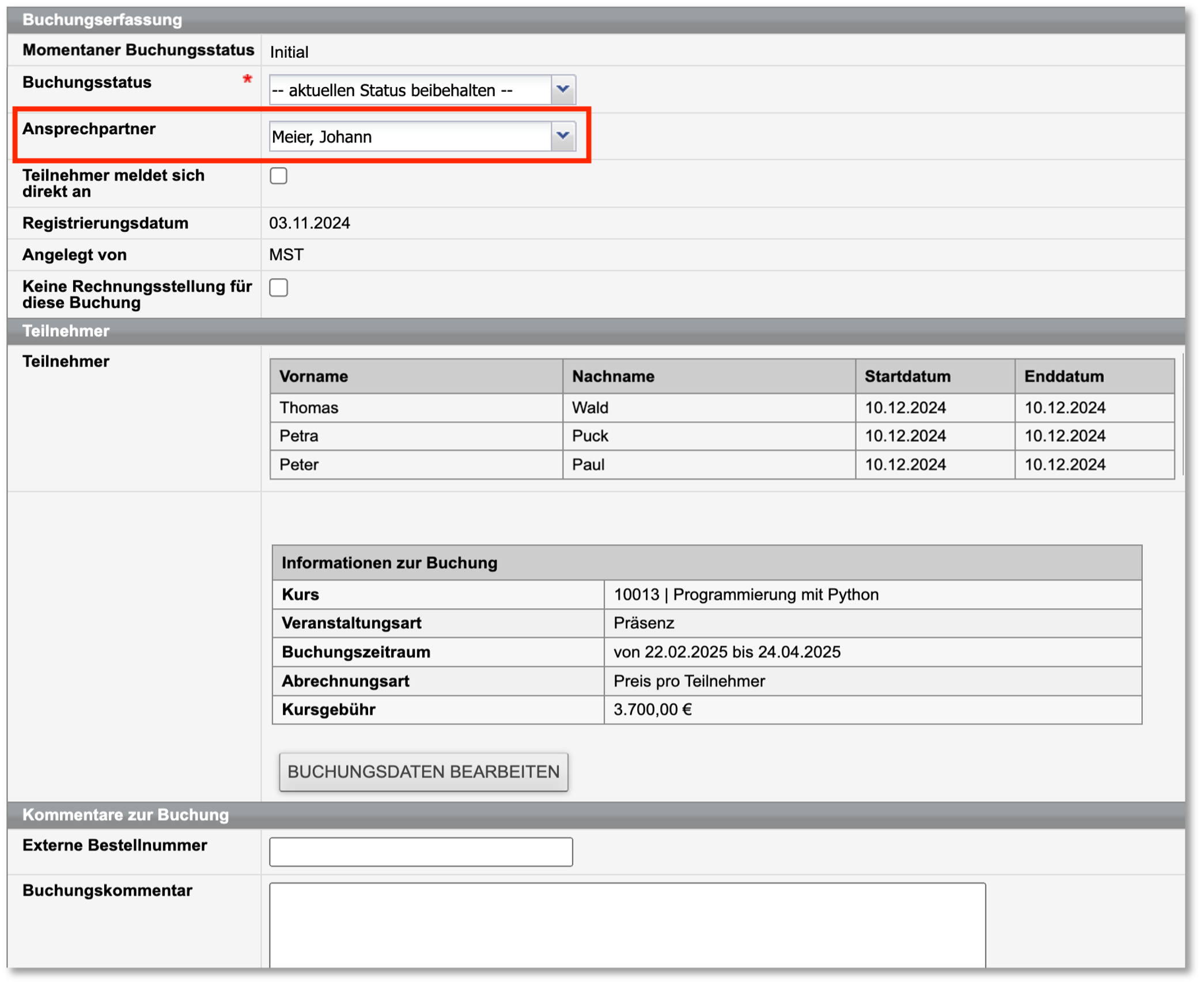 Online-Firmenbuchung über Besteller: Buchungsformular