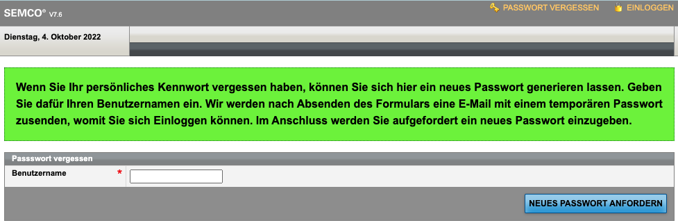 Screenshot des Formulars Passwort vergessen