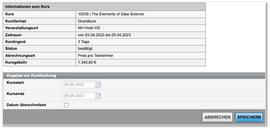 Pop-up-Fenster mit Kursdetails