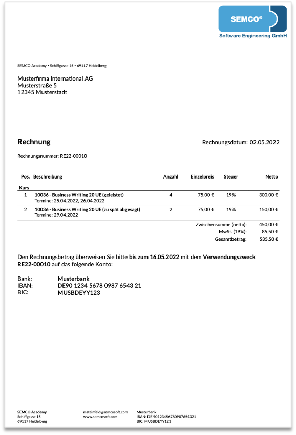 Rechnung für Kontingentkurs