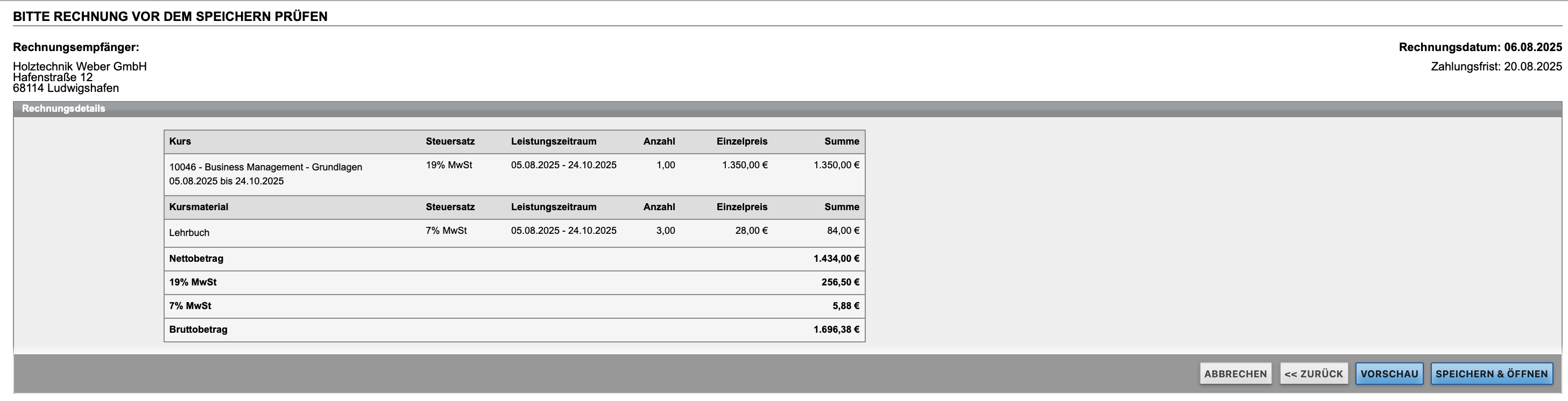 Formularansicht zum Prüfen der Rechnung vorm Speichern