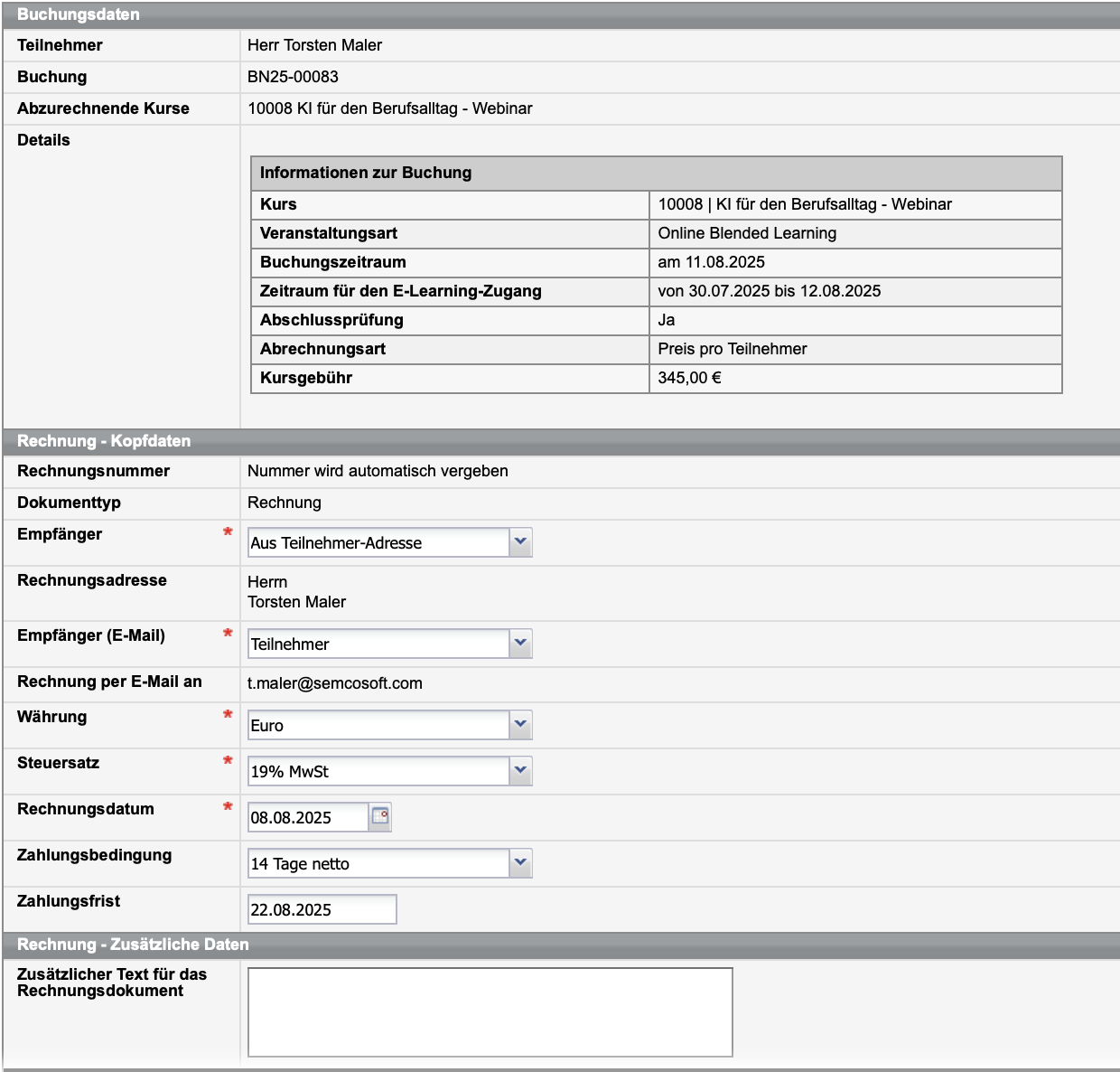 Rechnungsformular privater Teilnehmer