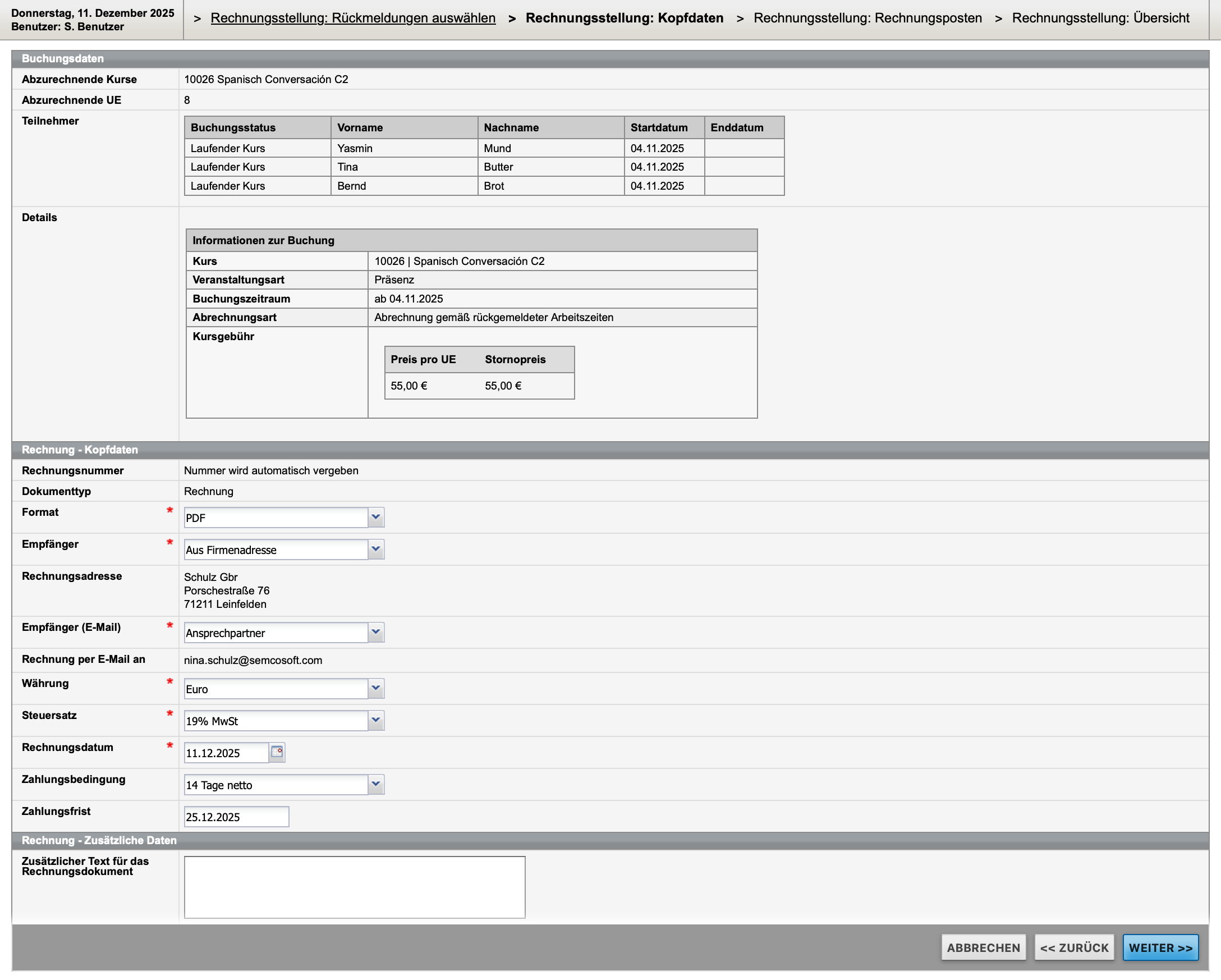 Rechnungsformular für einen Kontingentkurs