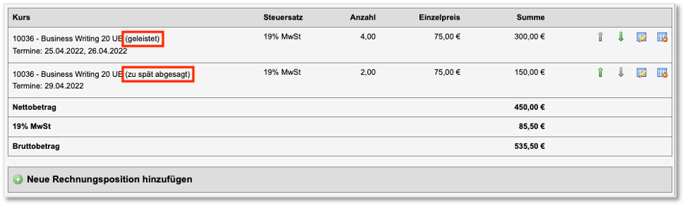 Rechnungspositionen bei der Abrechnung von Rückmeldungen
