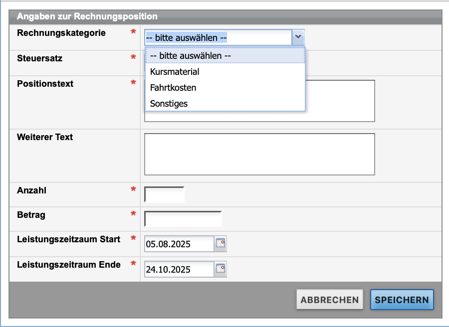 Screenshot des Formulars Rechnungspositionen erfassen und bearbeiten