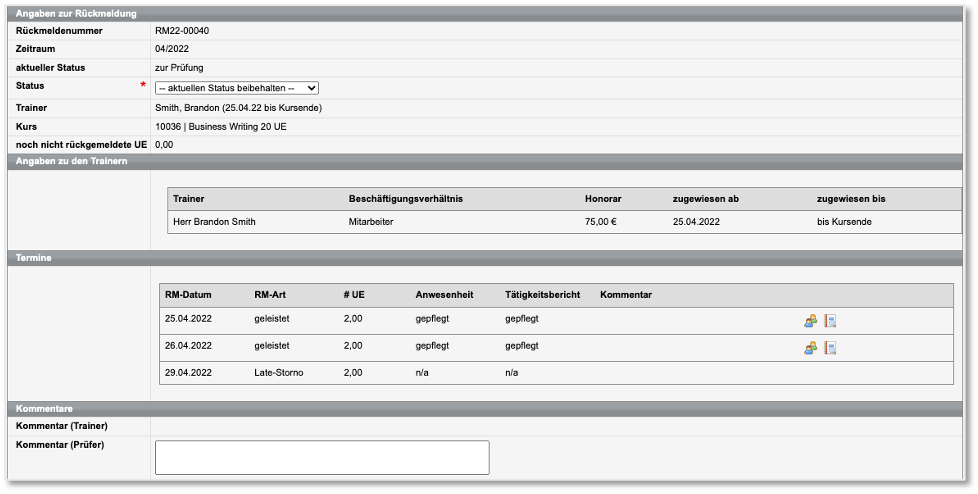 Rückmeldeformular eines administrativen Mitarbeiters