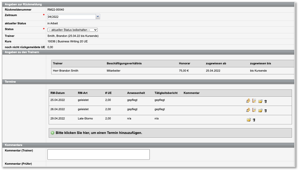 Rückmeldeformular für Trainer