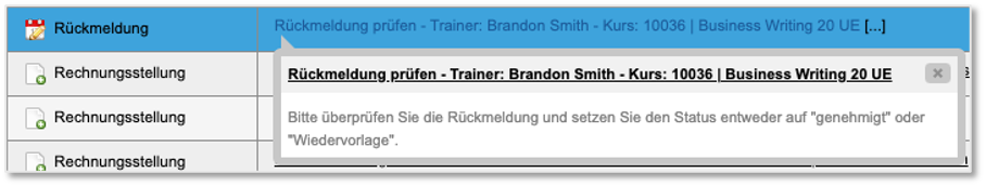 Aufgabe zur Prüfung von Rückmeldungen in der Inbox