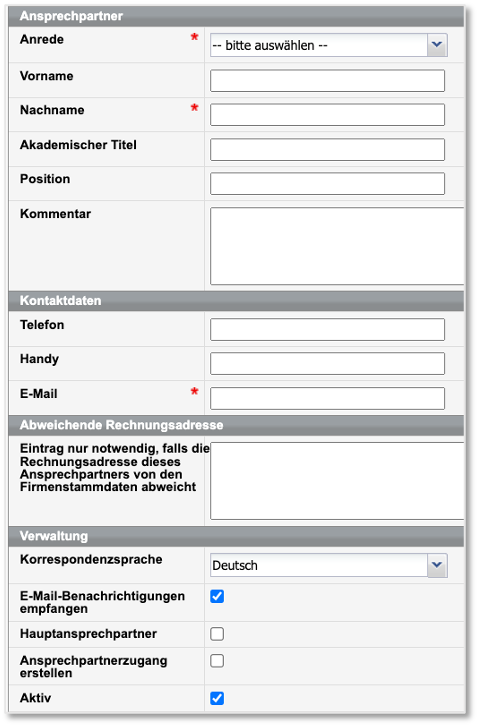 Stammdatenformular des Firmenansprechpartners