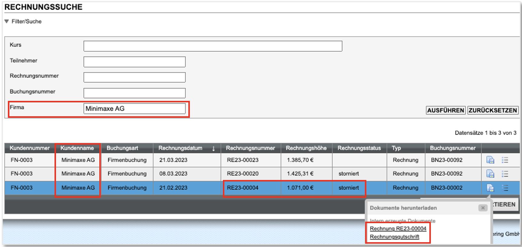 Screenshot der Rechnungsliste einer Firma mit stornierten Rechnungen