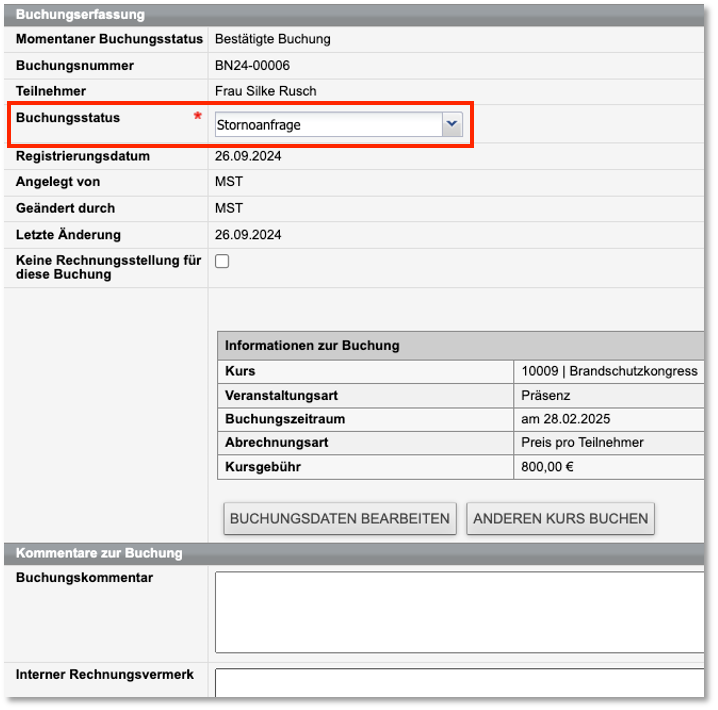 Stornoanfrage für eine Privatbuchung