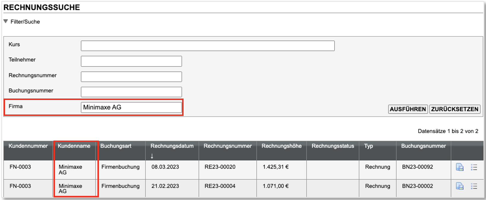Screenshot der Liste der Firmenrechnungen mit Filteroptionen