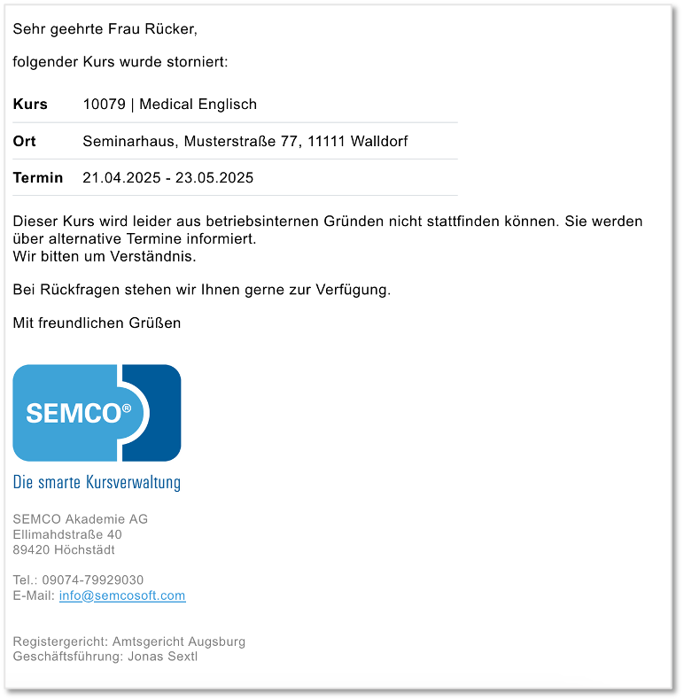 Teilnehmer – Kursstornobenachrichtigung