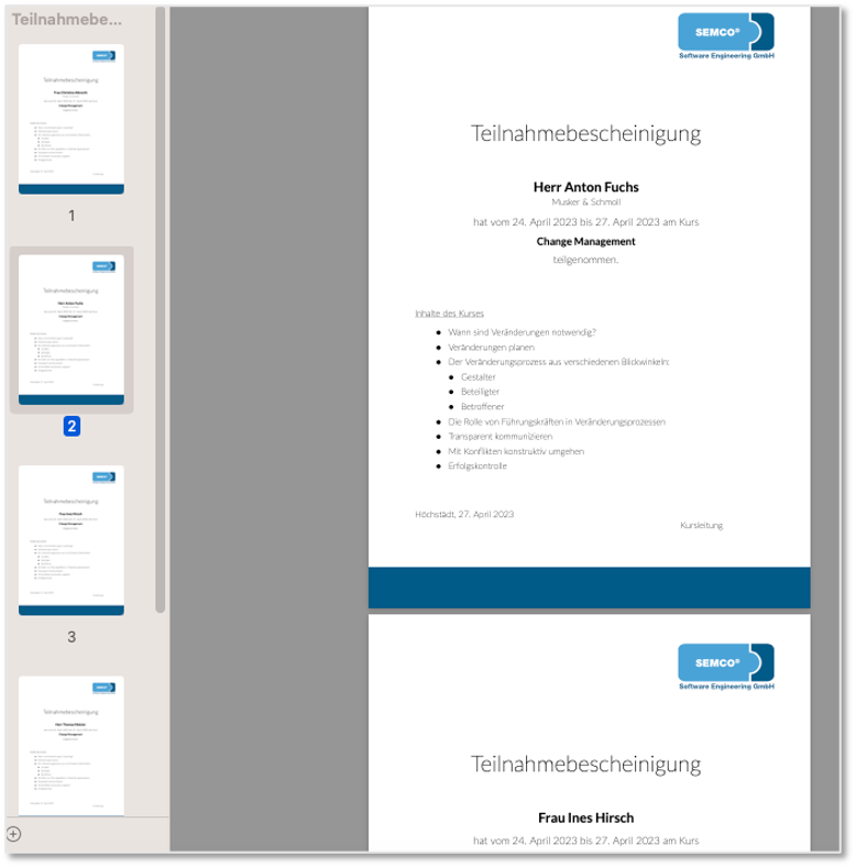 Teilnahmebescheinigung im Sammeldokument