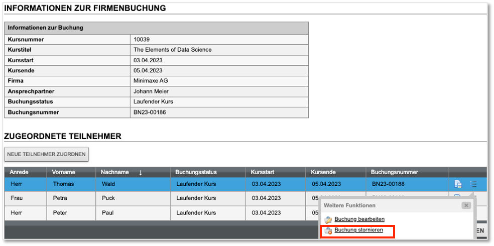 Teilnehmer in Firmenbuchung stornieren