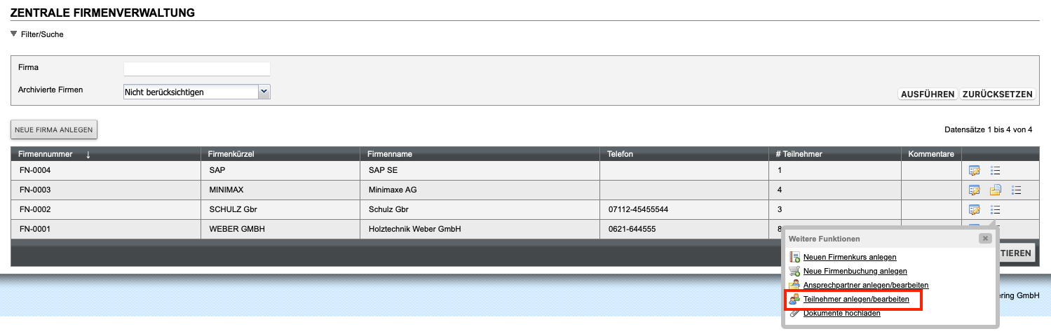 Teilnehmer in Firmenbuchung bearbeiten