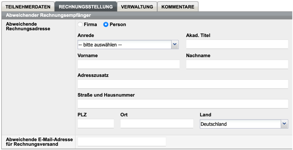 Teilnehmerdatenformular, Registerkarte „Rechnungsstellung“