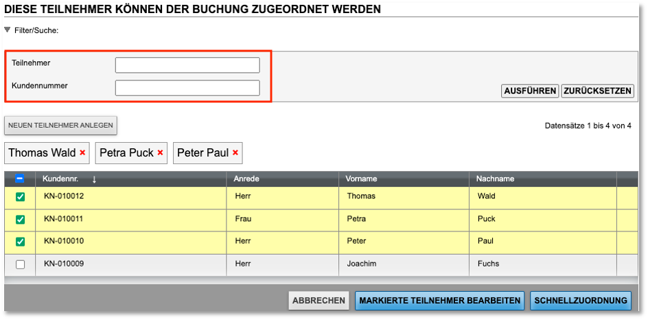 Teilnehmerzuordnung – Liste aller Firmenteilnehmer