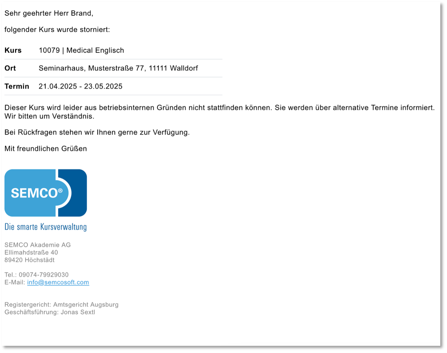 Trainer – Kursstornobenachrichtigung