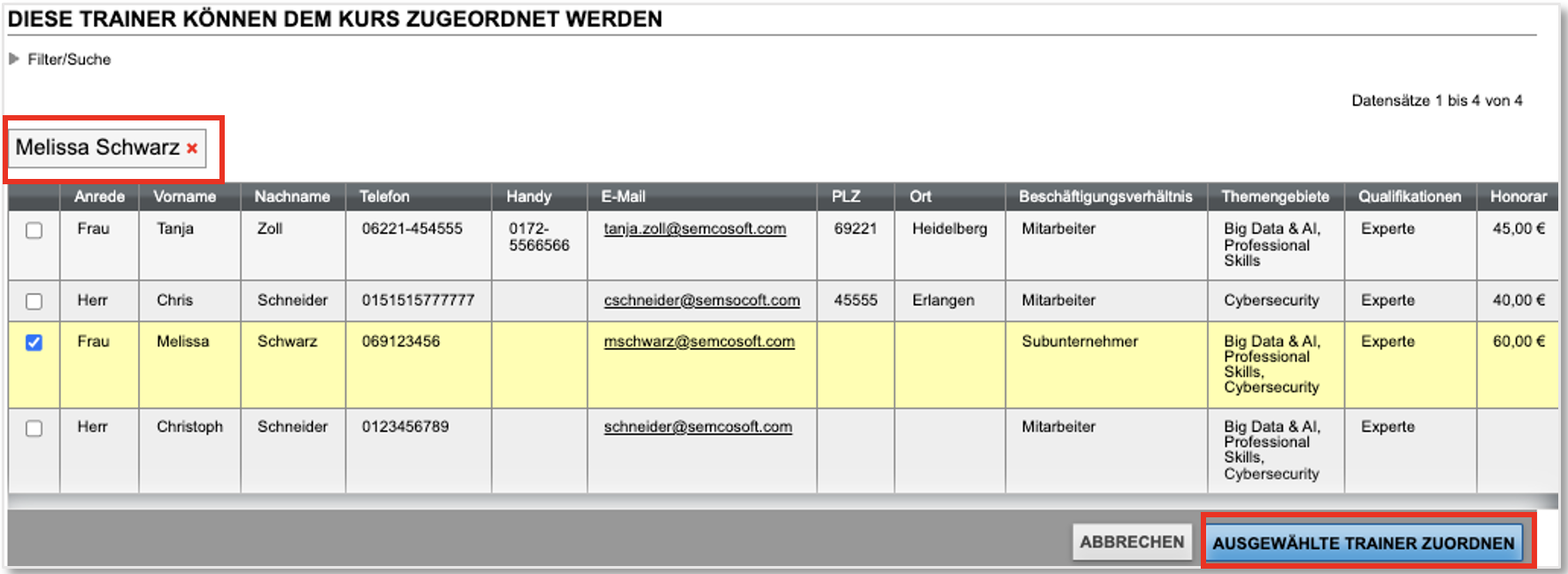 Trainer zuordnen – Trainer auswählen