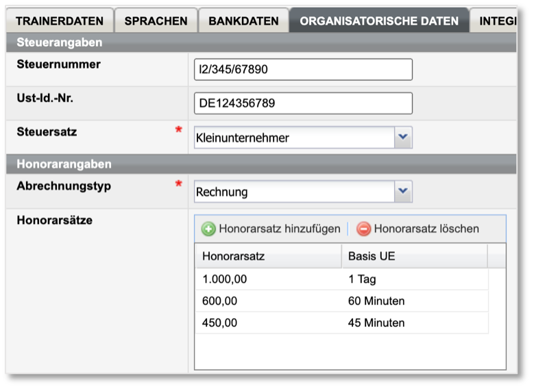 Trainerstammdaten: Organisatorische Daten