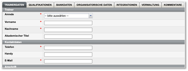 Trainer-Stammdatenformular, Registerkarte "Trainerdaten"
