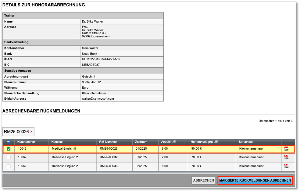 Details zur Honorarbrechnung mittels Gutschrift