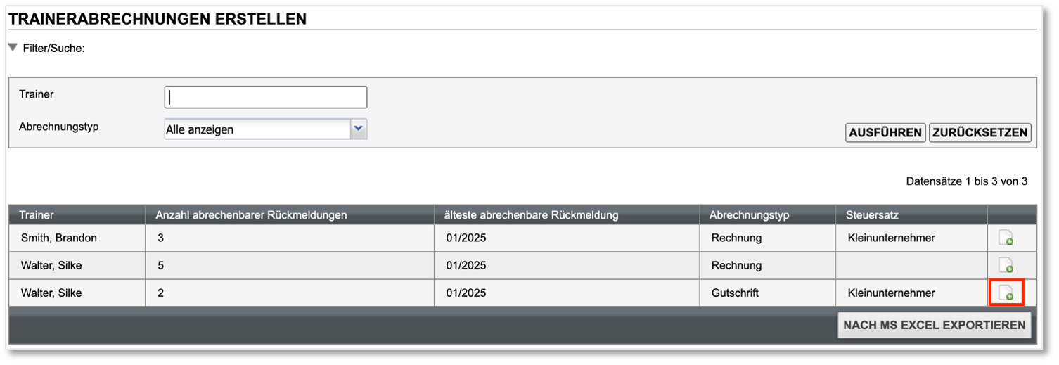 Liste der für Trainerabrechnungen verfügbaren Rückmeldungen