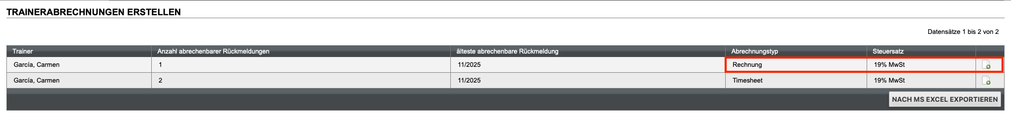 Trainerabrechnung (Rechnung) über den Trainerzugang erstellen