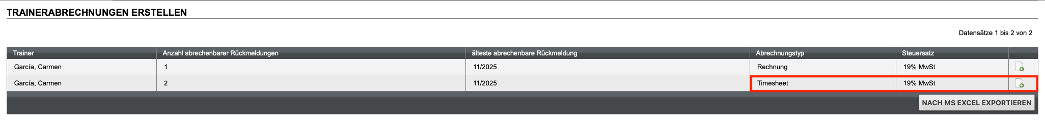 Trainerabrechnung (Timesheet)
