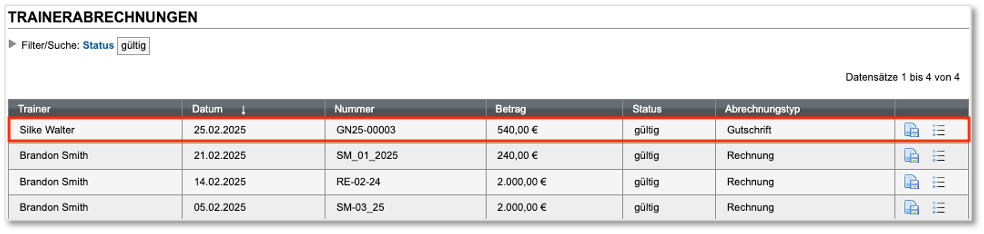 Liste aller Trainabrechnungen zum Herunterladen