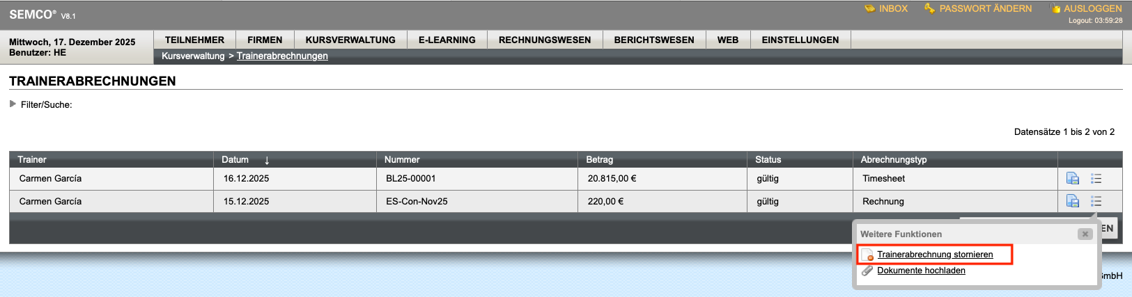 Trainerhonorarabrechnung stornieren