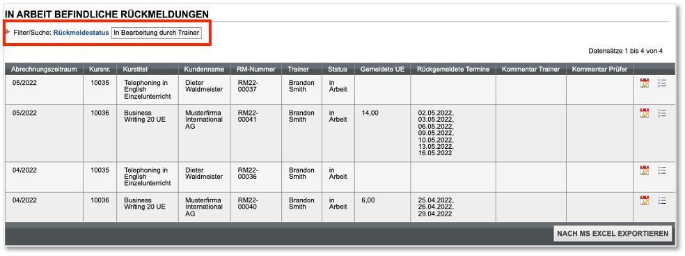 Traineransicht von in Arbeit befindlichen Rückmeldungen