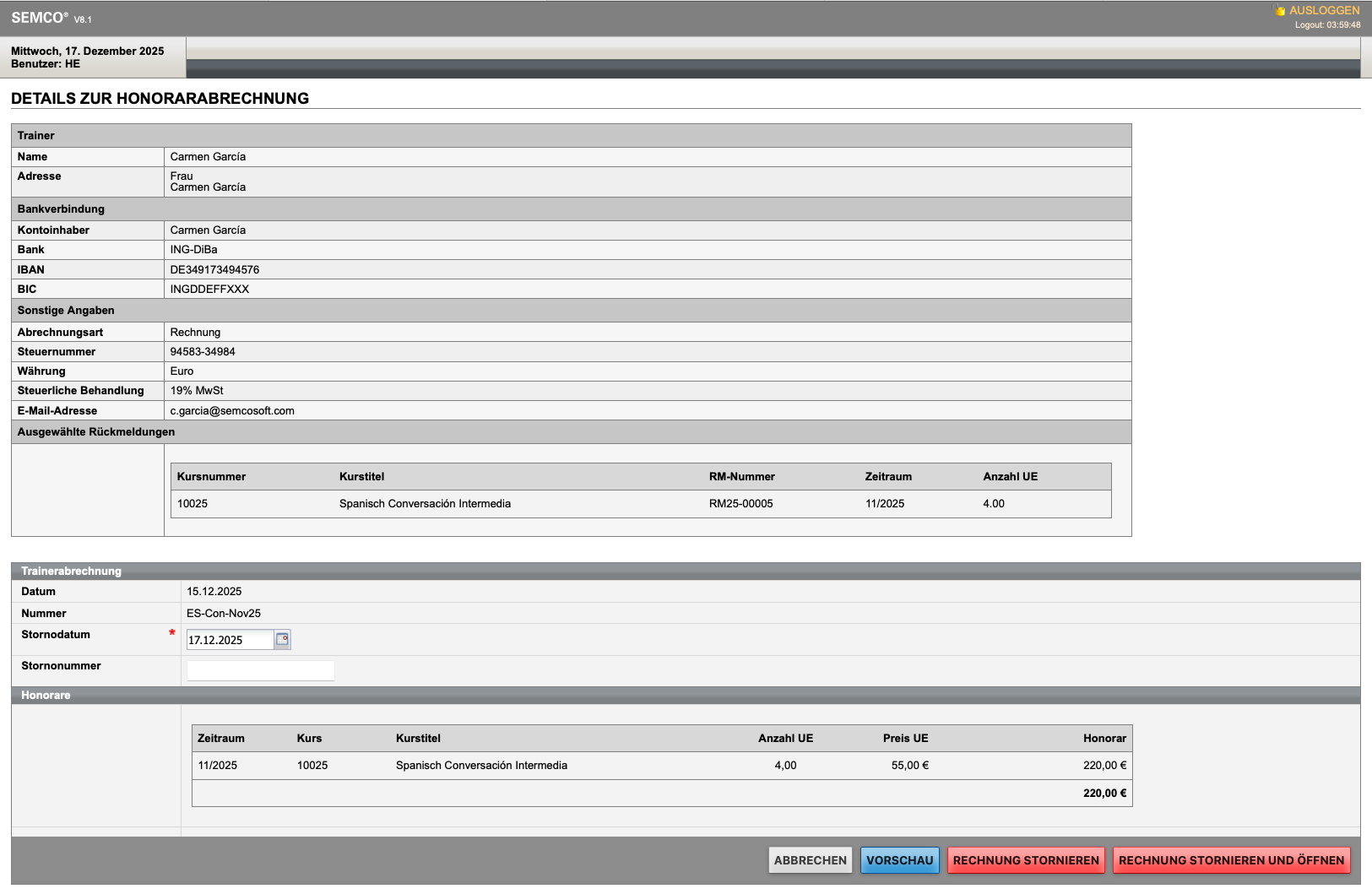 Trainerhonorarabrechnung Stornoformular