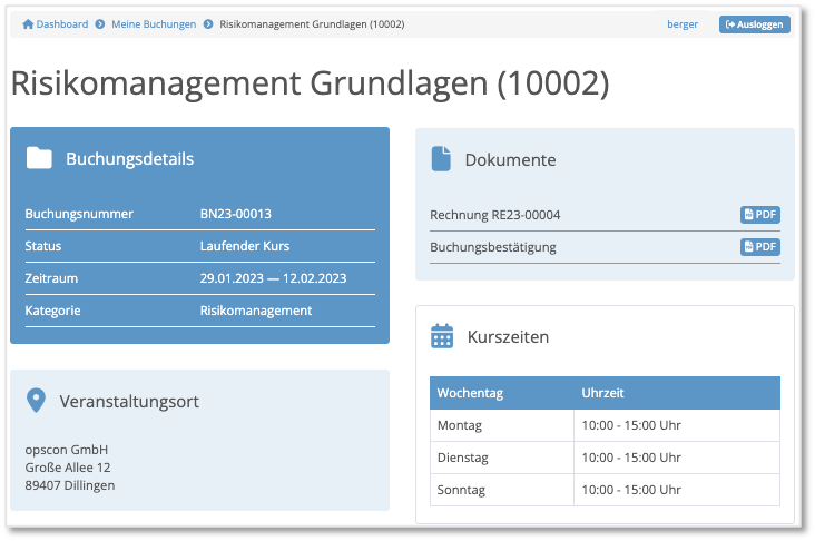 Teilnehmerportal - Übersicht der Details einer Buchung