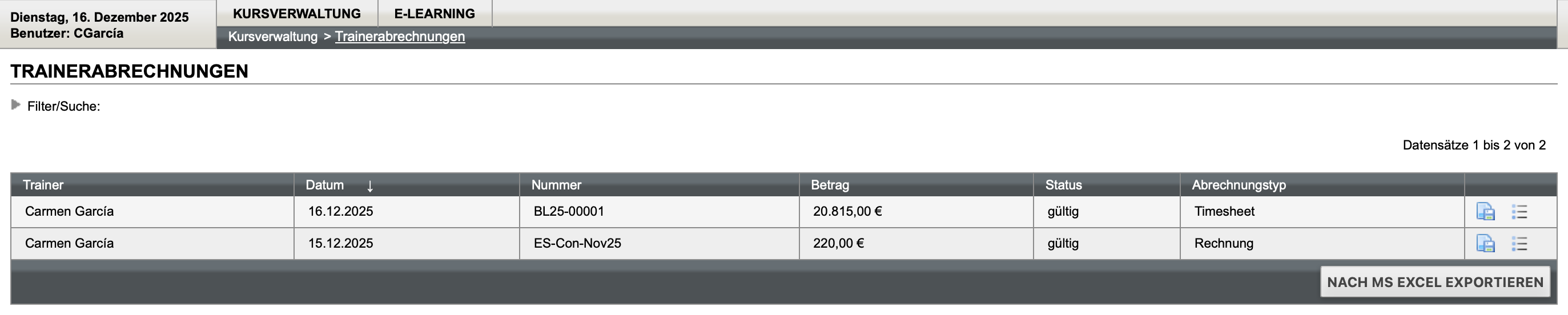 Übersicht aller Trainerabrechnungen zum Download