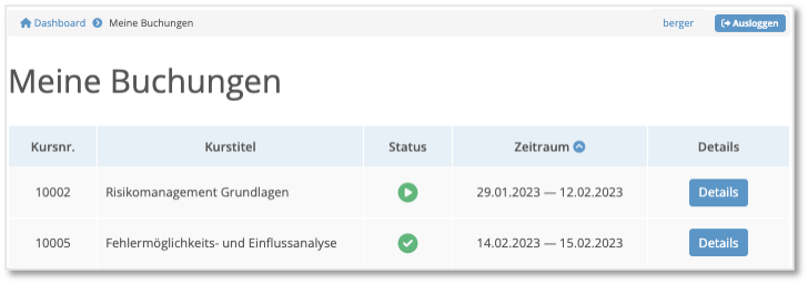 Teilnehmerportal - Übersicht aller Buchungen