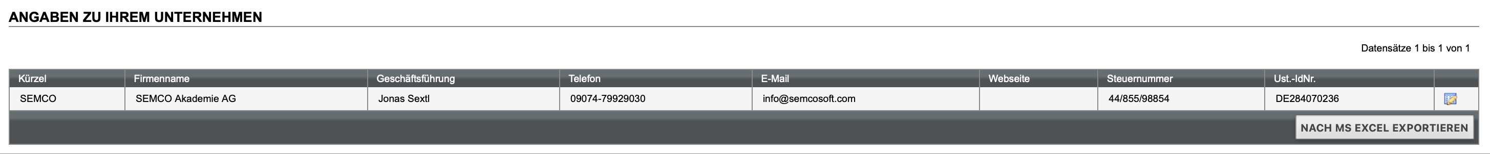 Liste im Menü Unternehmensdaten