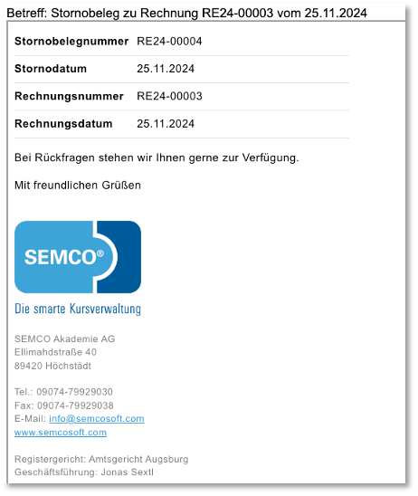 Unternehmensinterne E-Mail: Stornobeleg der Rechnung