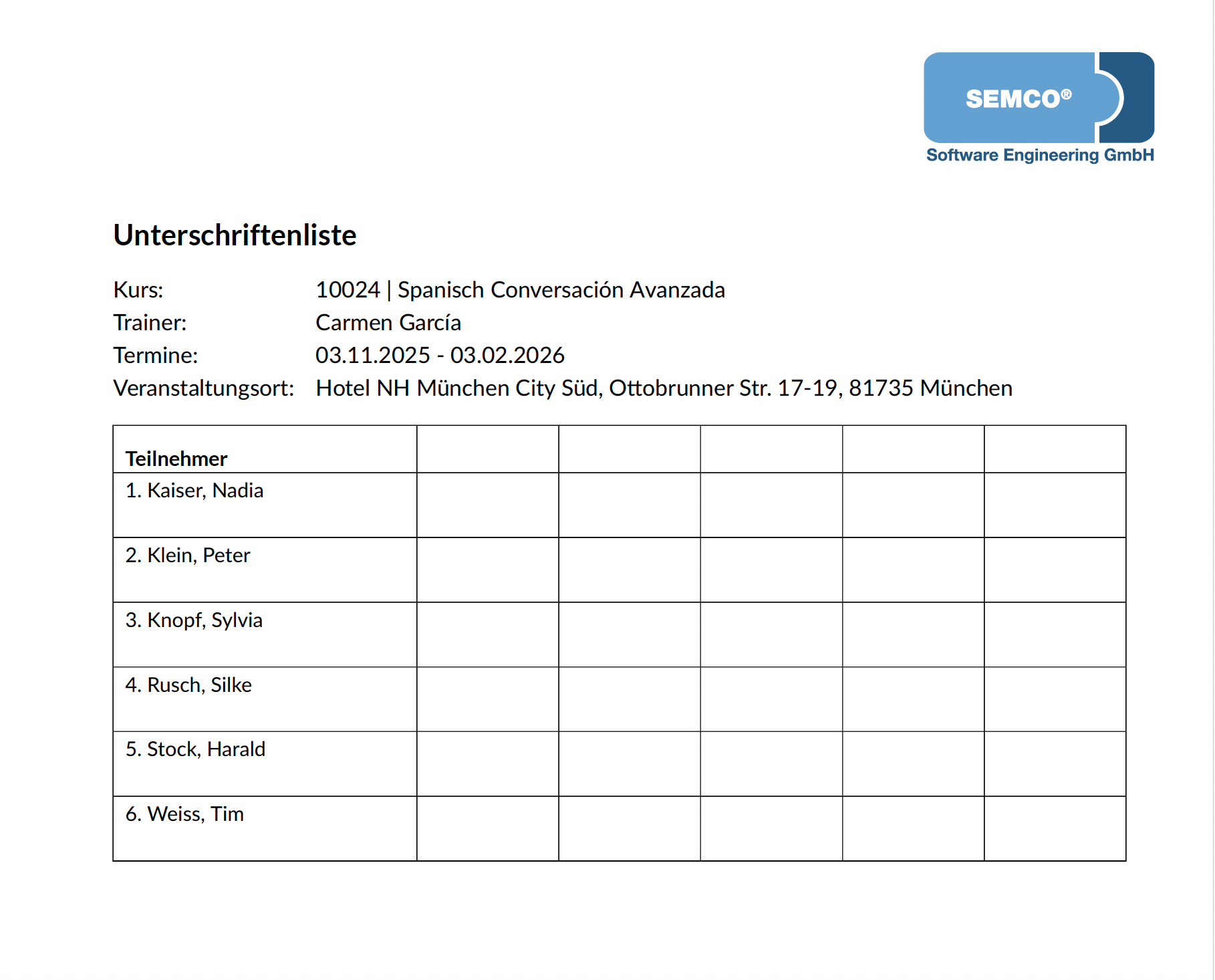 Unterschriftenliste eines Kurses