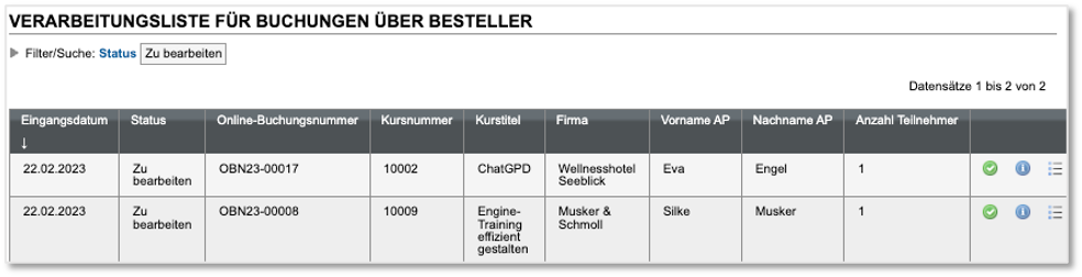 Verarbeitungsliste für Buchungen über Besteller