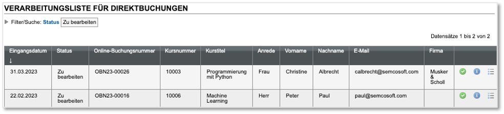 Verarbeitungsliste für Direktbuchungen