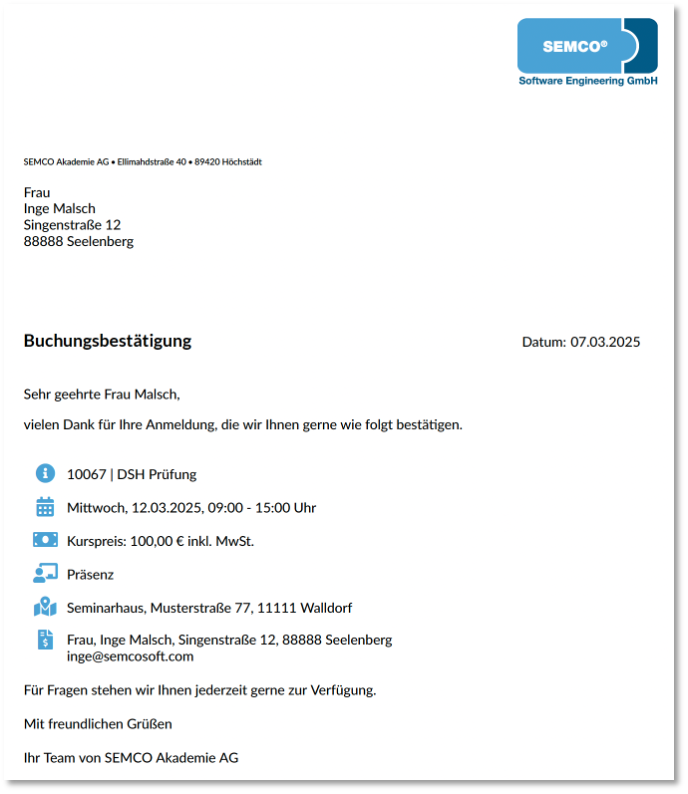 Verbindliche Buchungsbestätigung für einen Teilnehmer