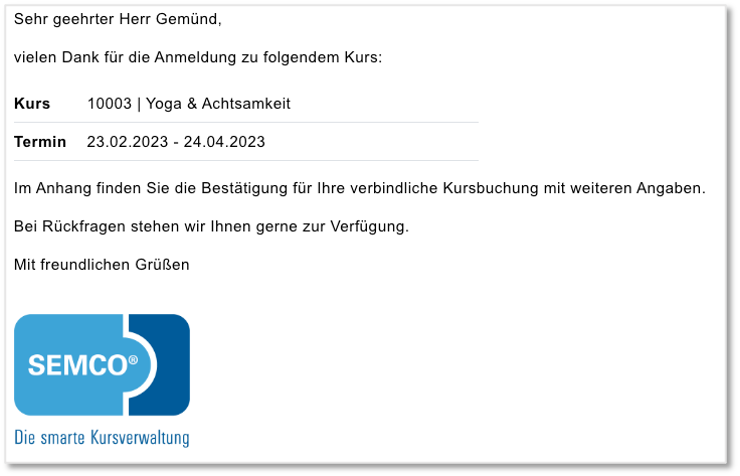 Verbindliche Buchungsbestätigung für Teilnehmer bei Firmeneinzelbuchungen