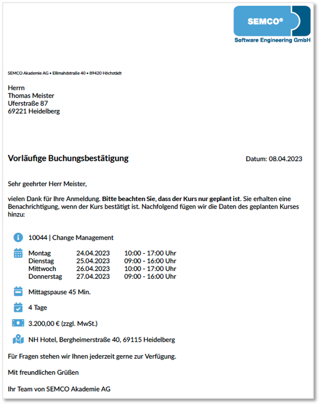 Vorläufige Buchungsbestätigung für einen Teilnehmer