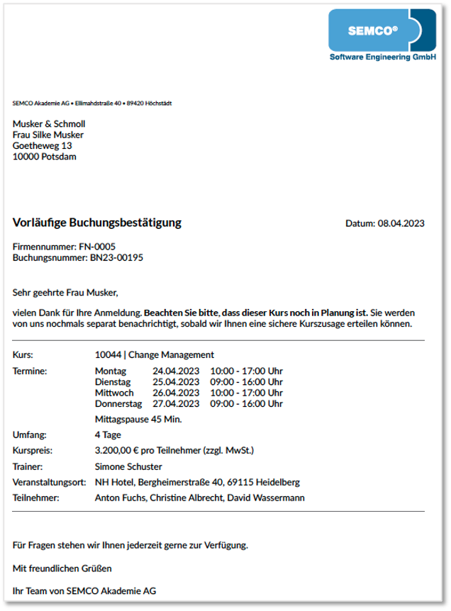 Vorläufige Buchungsbestätigung