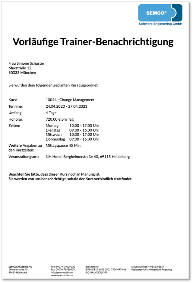 Vorläufige Trainerbenachrichtigung