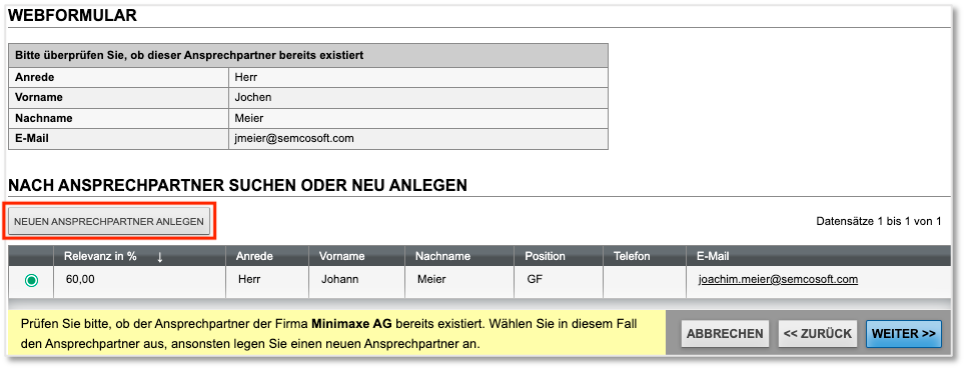 Webformular Ansprechpartnerabgleich