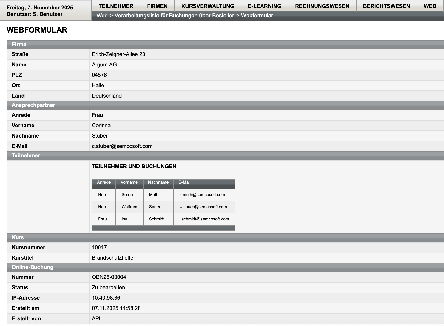 Webformular Teilnehmerdaten bei Buchung über Besteller